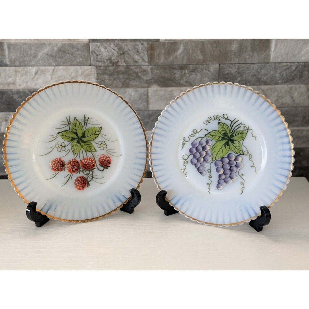 2- 1930’s Macbeth Evans Monax Petalware Hand Painted White Glass Plates Made USA
